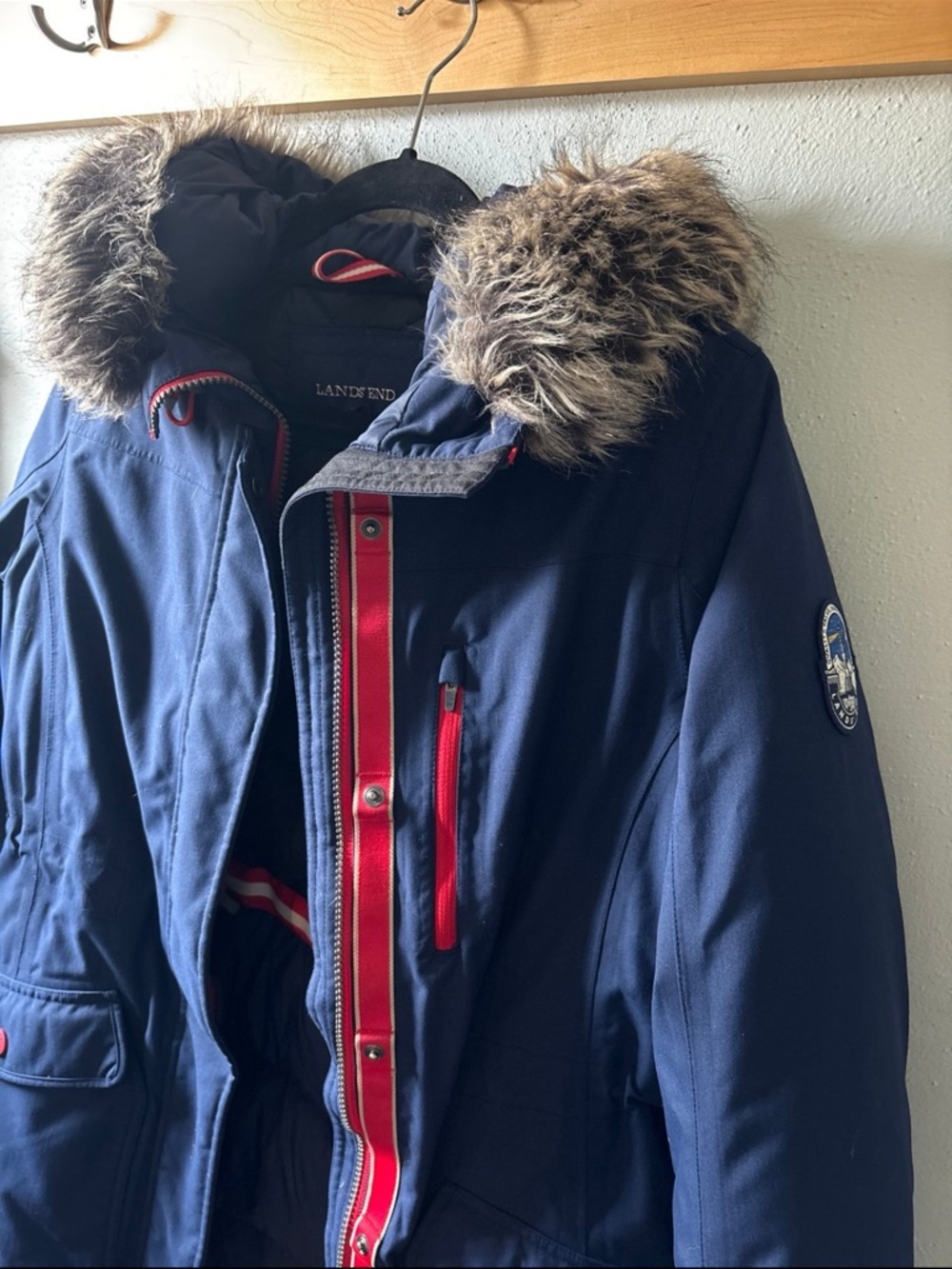 Lands' End Men's Navy Ski Parka with Faux-Fur Hood and Red Trim